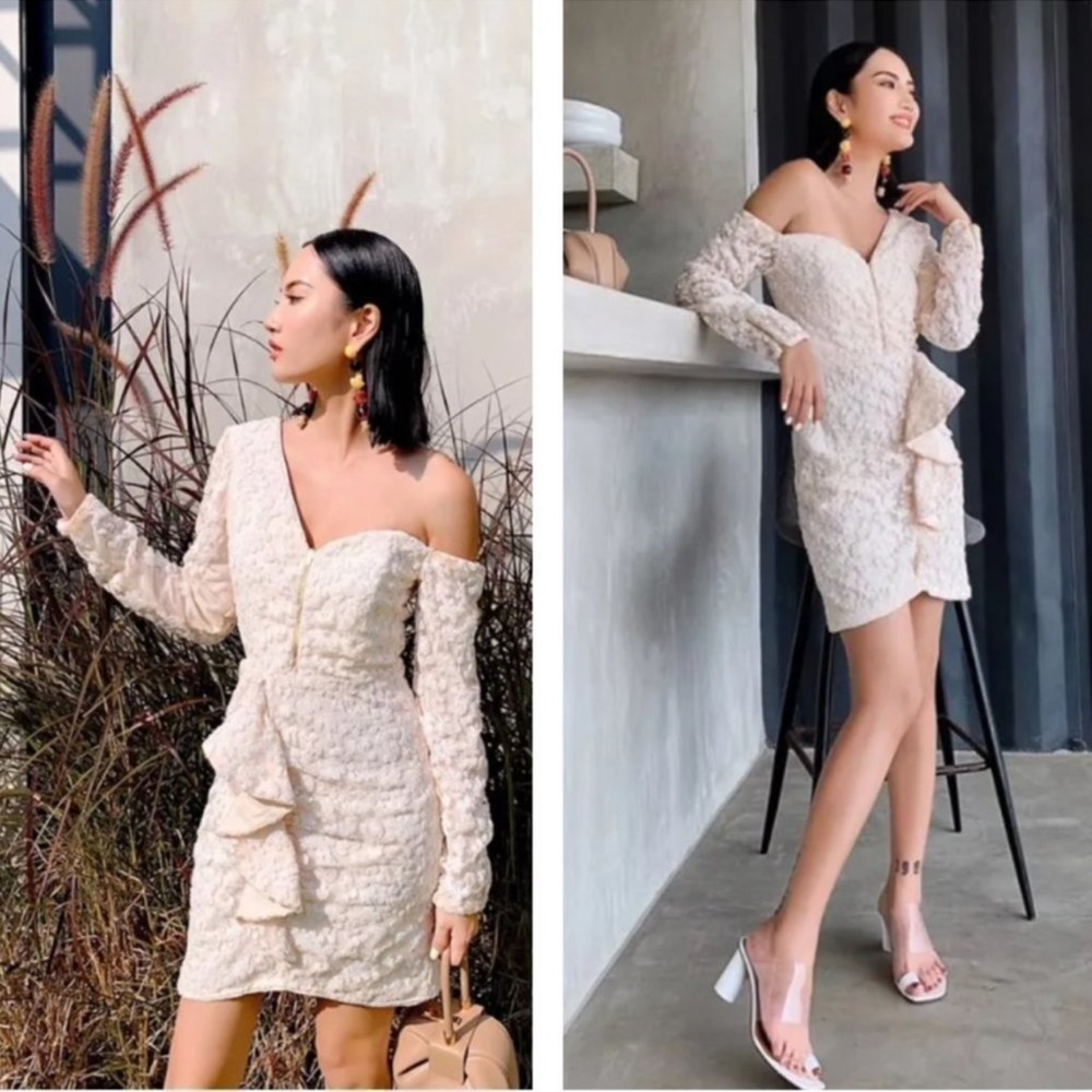 Self-Portrait Textured Cream Off-Shoulder Mini Dress